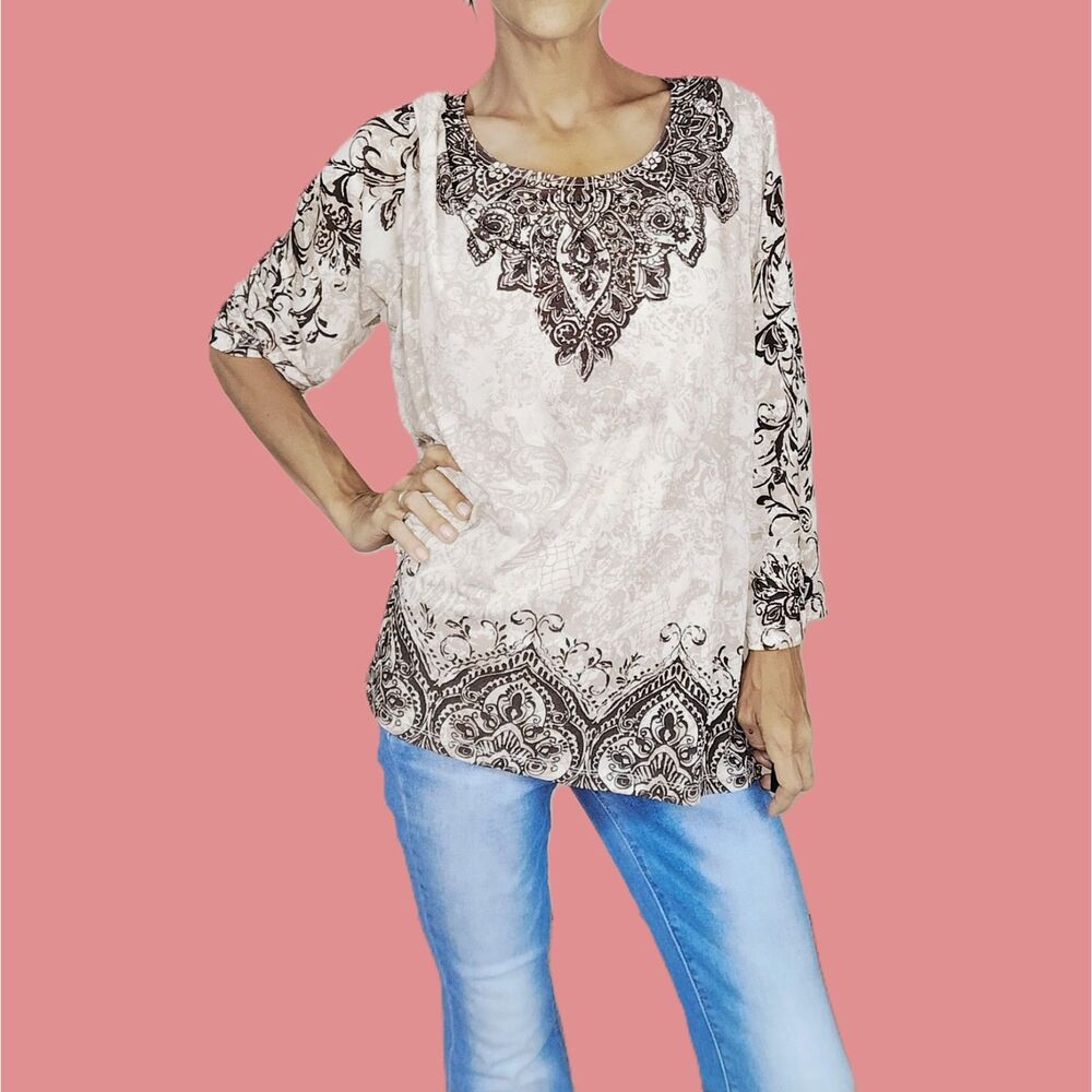 Alfred Dunner~ XL Cream & Brown 3/4 Sleeve Vintage Top ~ Paisley & Sequins